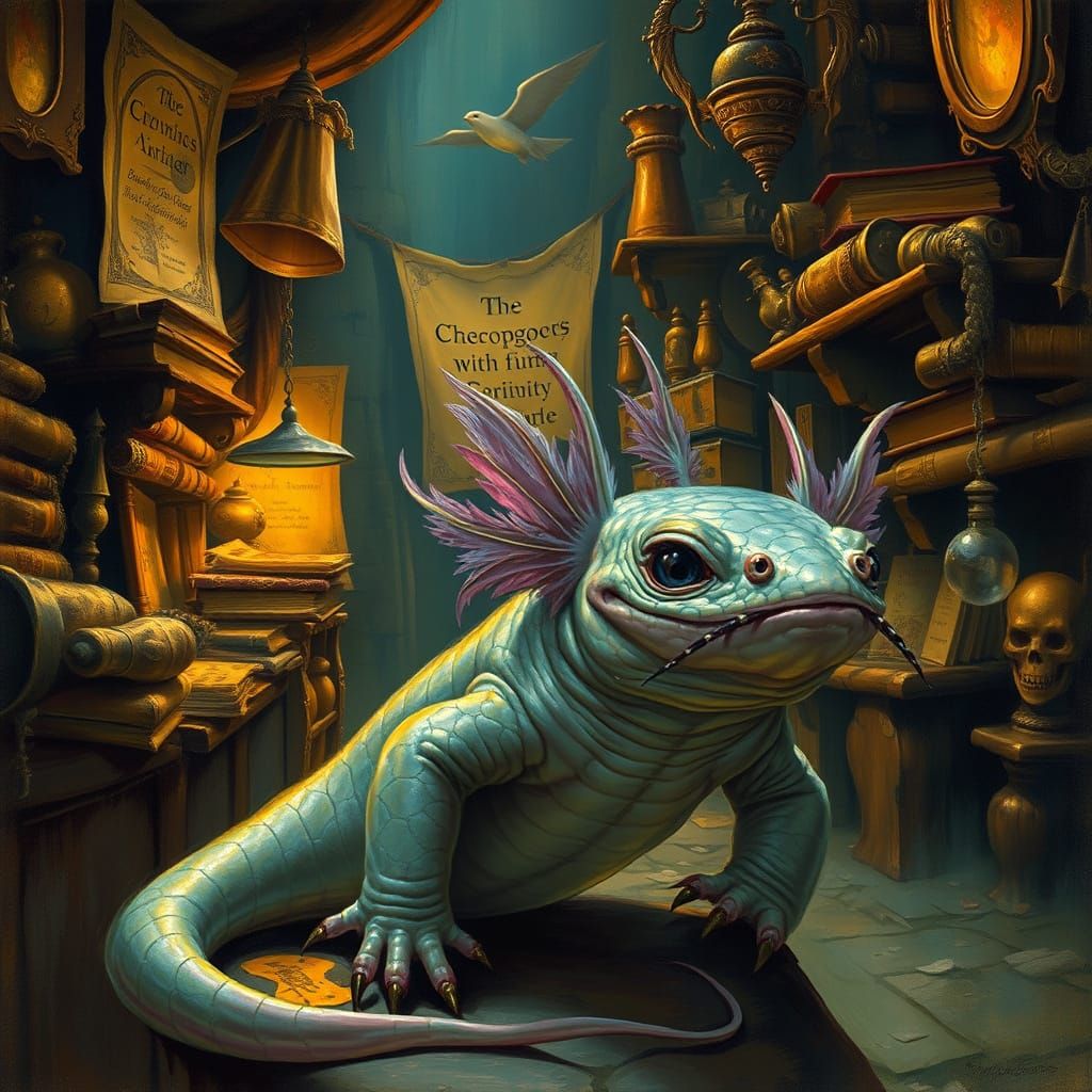 Axolotl in Mystical Market Scene, Inspired by Odd Nerdrum