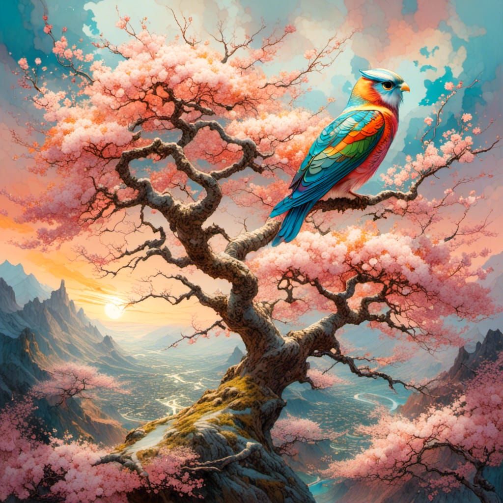 Double Exposure Cherry Blossom Tree Watercolor Illustration