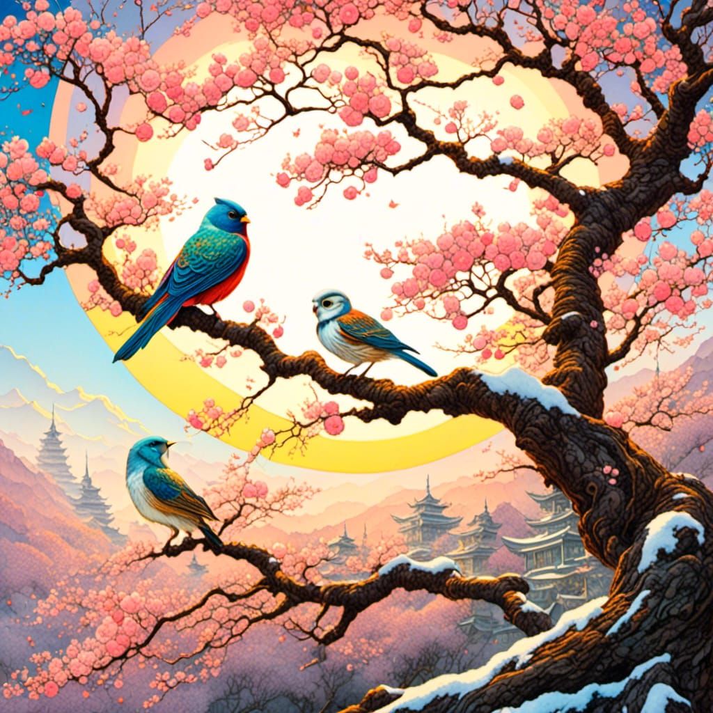 Double Exposure Cherry Blossom Tree Watercolor Illustration