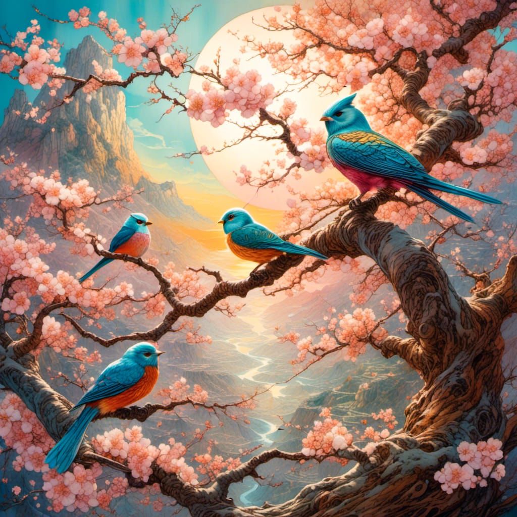 Double Exposure Cherry Blossom Tree Watercolor Illustration