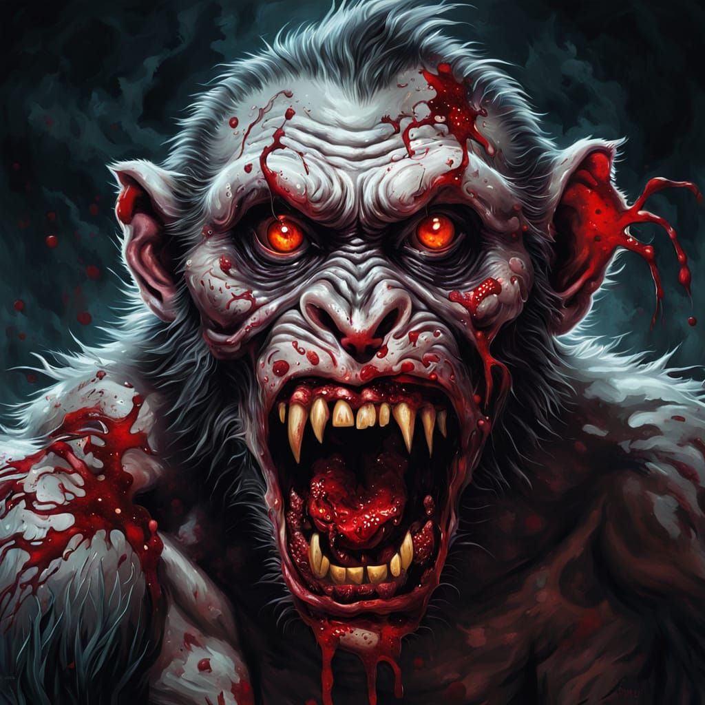 Grotesque Zombie Monkey Clown Feast in Dark Fantasy Oil