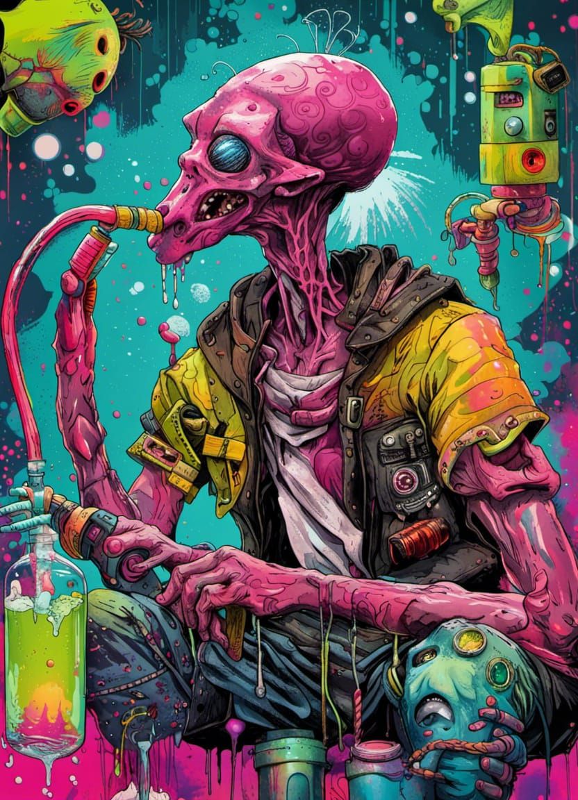 Stoner Aliens Smoking a Water Pipe in Pop Art