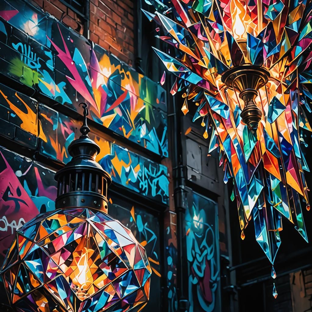Crystal Lamp in Alleyway: Neo-Impressionism Graffiti Art