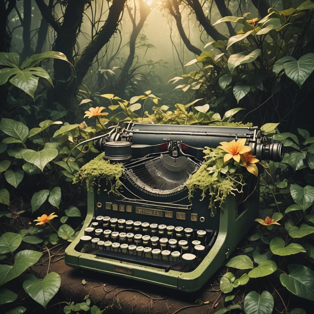 Surreal Jungle Typewriter in Golden Light
