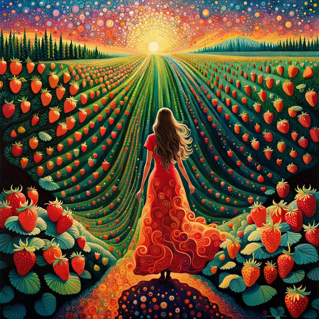 Strawberry Field Wanderer in Iridescent Geometric Style