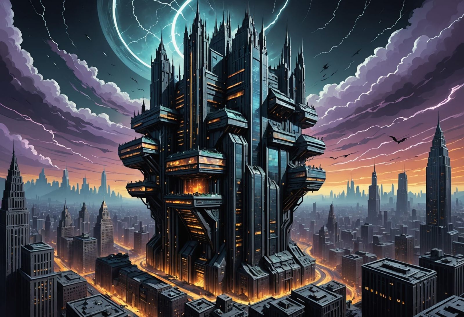 Gravity-Defying Supervillain Skyscraper Above Stormy Planet