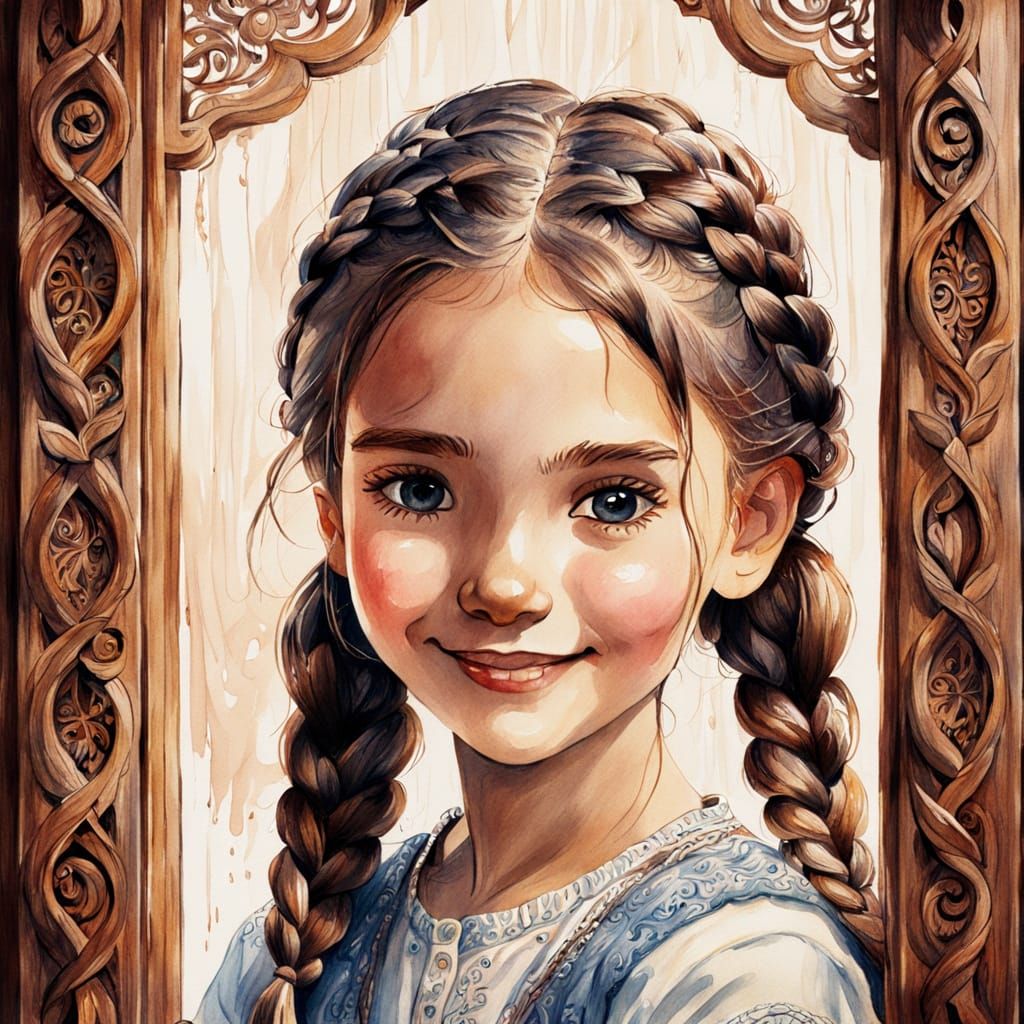 Smiling Girl with Braids in Wooden Window Watercolor Sketch