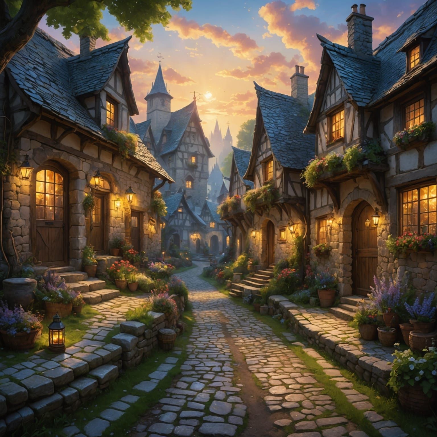 Ethereal Village with Mythical Beings