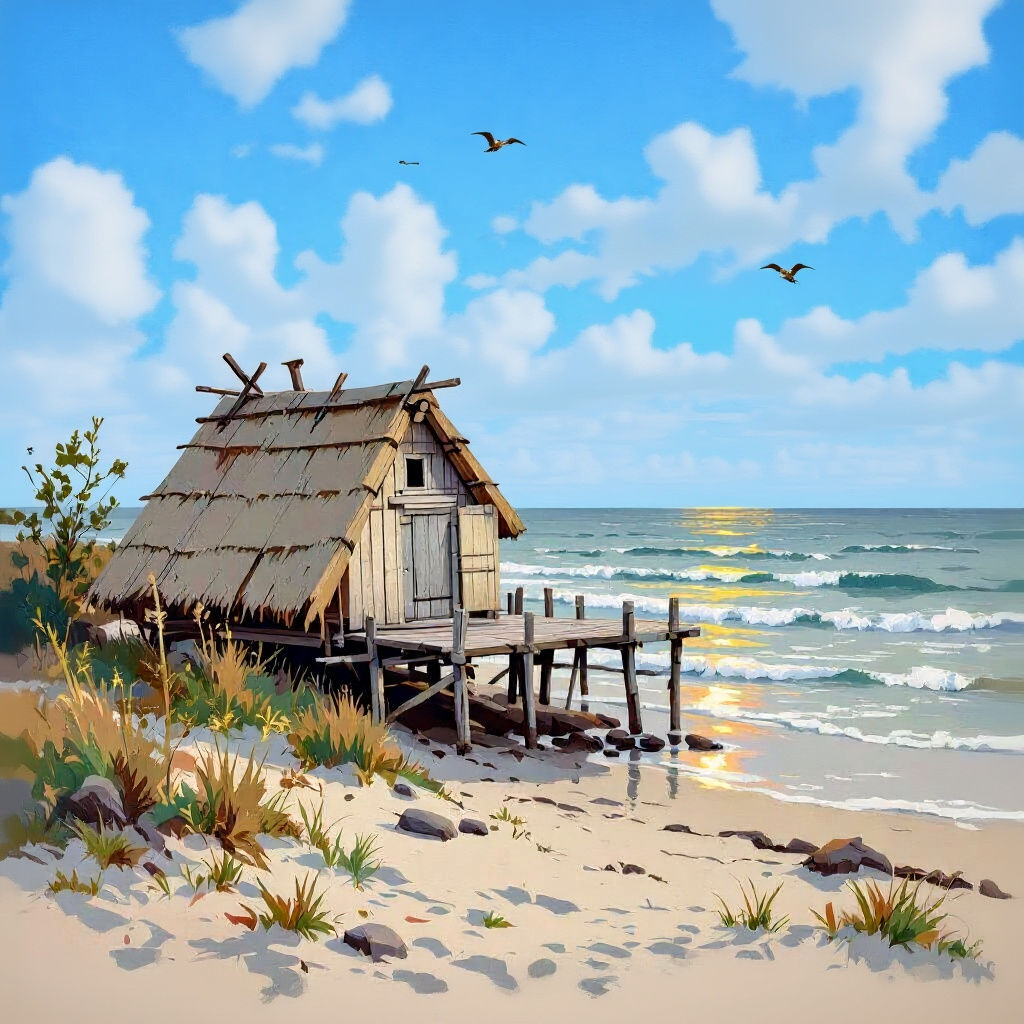 Solitary Beach Hut: A Minimalist Coastal Scene