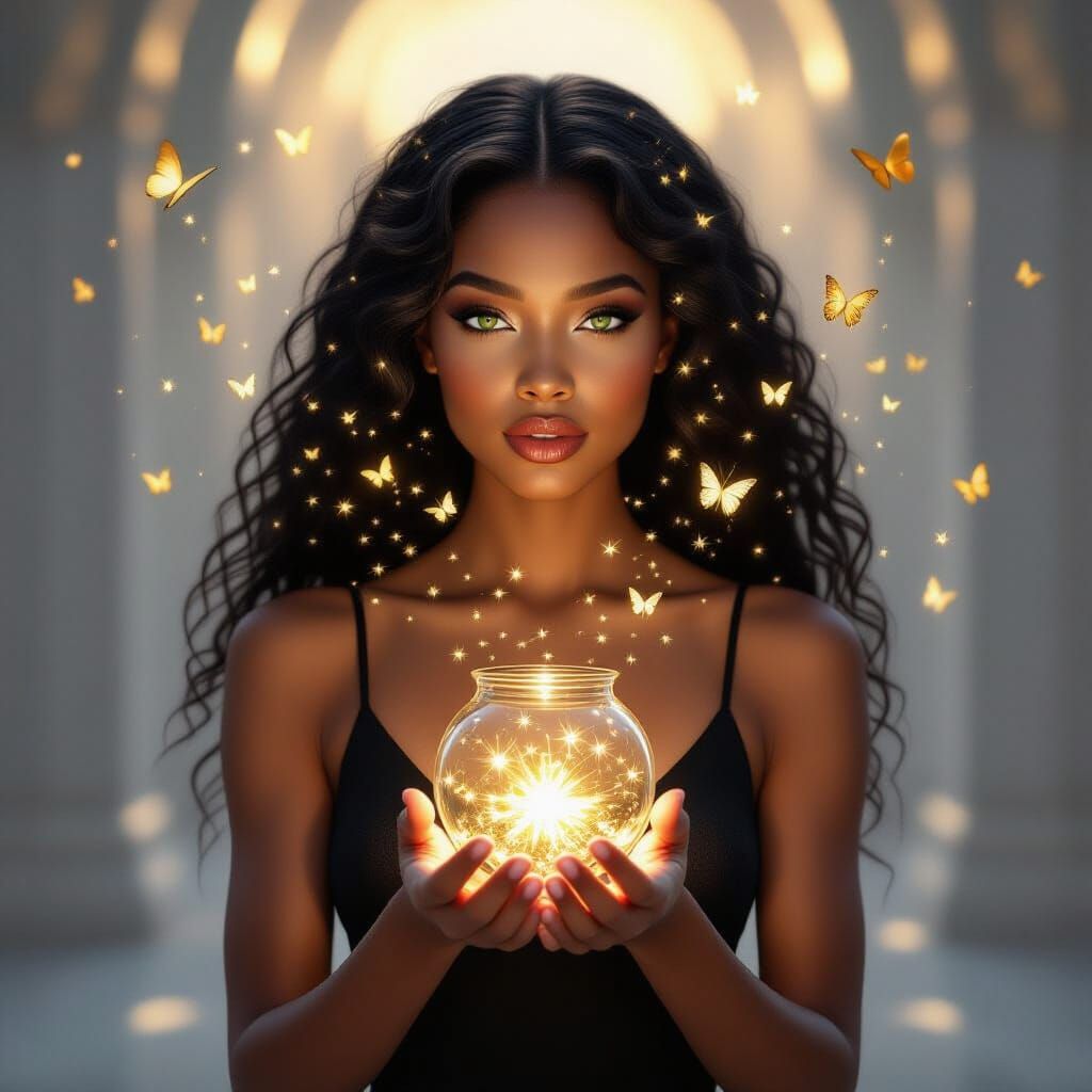 African Woman Holds Glowing Container of Butterflies and Sta...