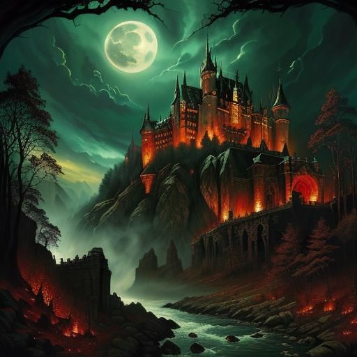 Dracula's Castle: A Horror Illustration in Oil and Ink