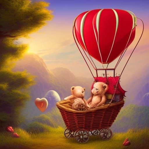 Baby Bears in Heart Balloon: Hyperrealistic Splash Art