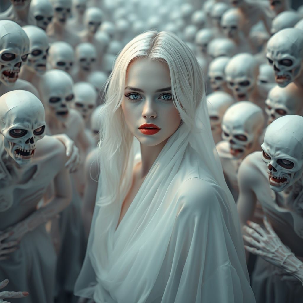 Surrealist Woman Emerges from Ghostly Labyrinth