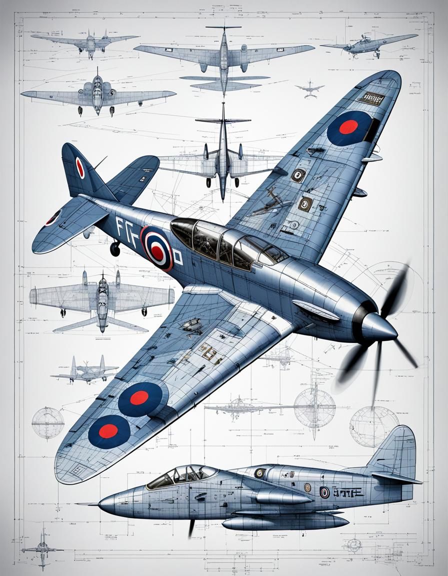 Vintage RAF Blueprint of a WWII Spitfire Fighter Plane