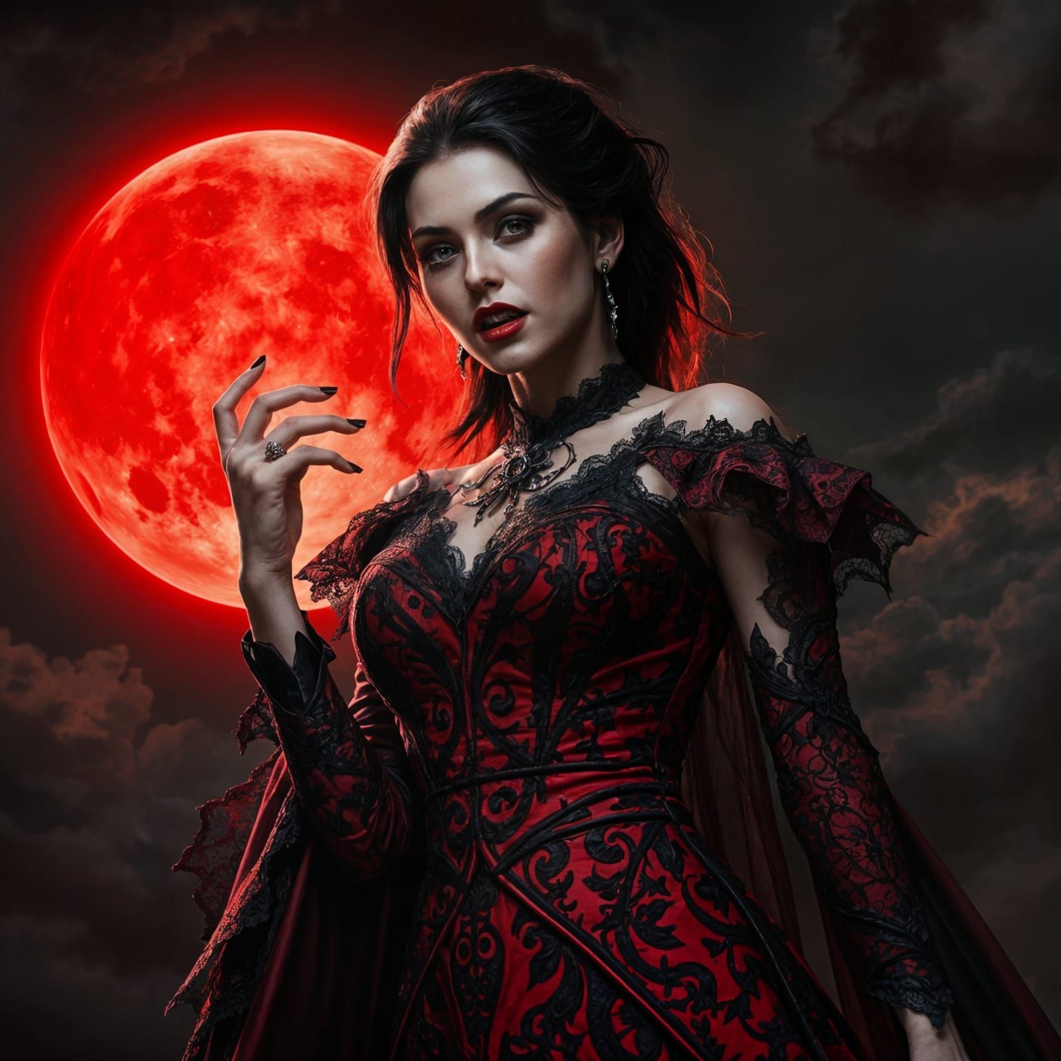 Ethereal Vampire in Red Corset under Sinister Moonlight