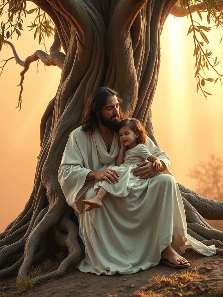 Jesus and the Young Girl Amidst a Majestic Olive Tree