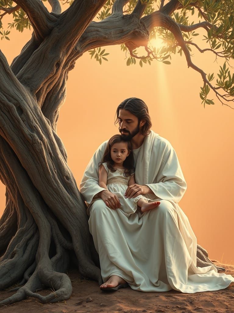 Serene Divine Encounter Amidst Ancient Olive Tree