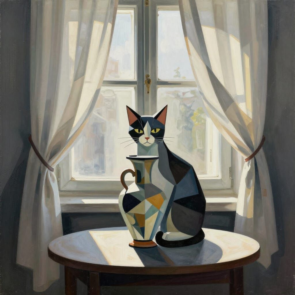 Abstract Cat in Vase, Cubist Style