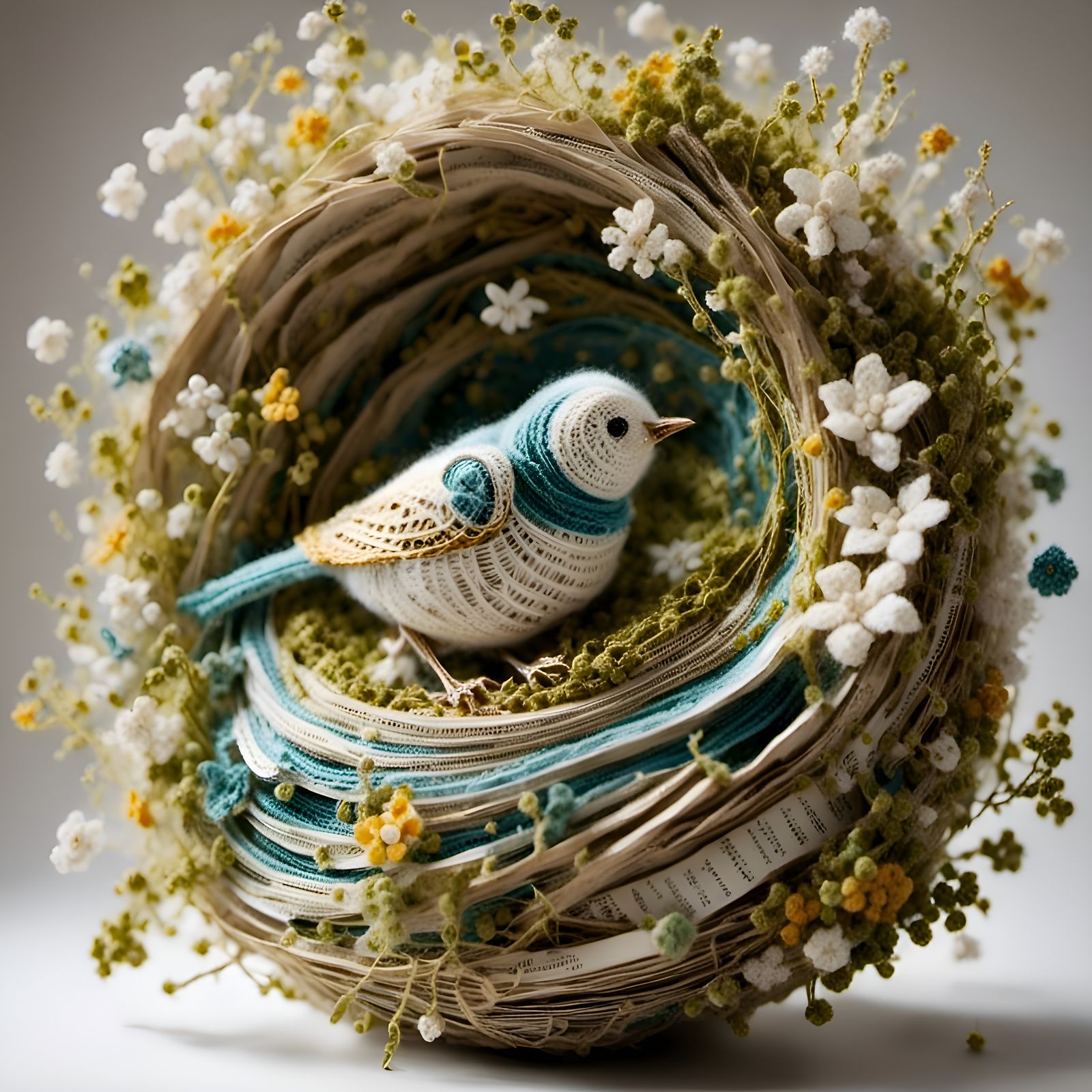 Book Page Bird Nest in Crochet Style
