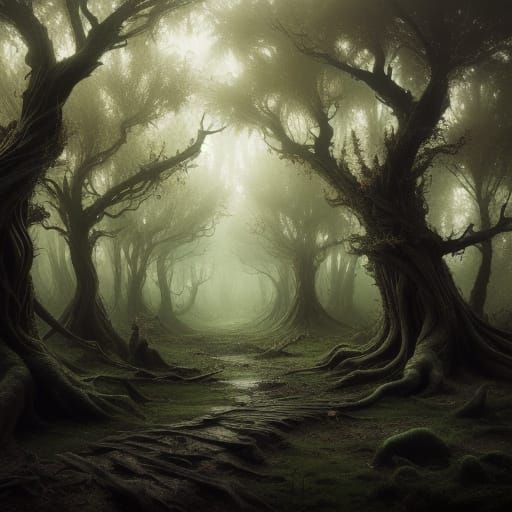 Elves in Misty Forest: A Dark Fantasy Oil Painting