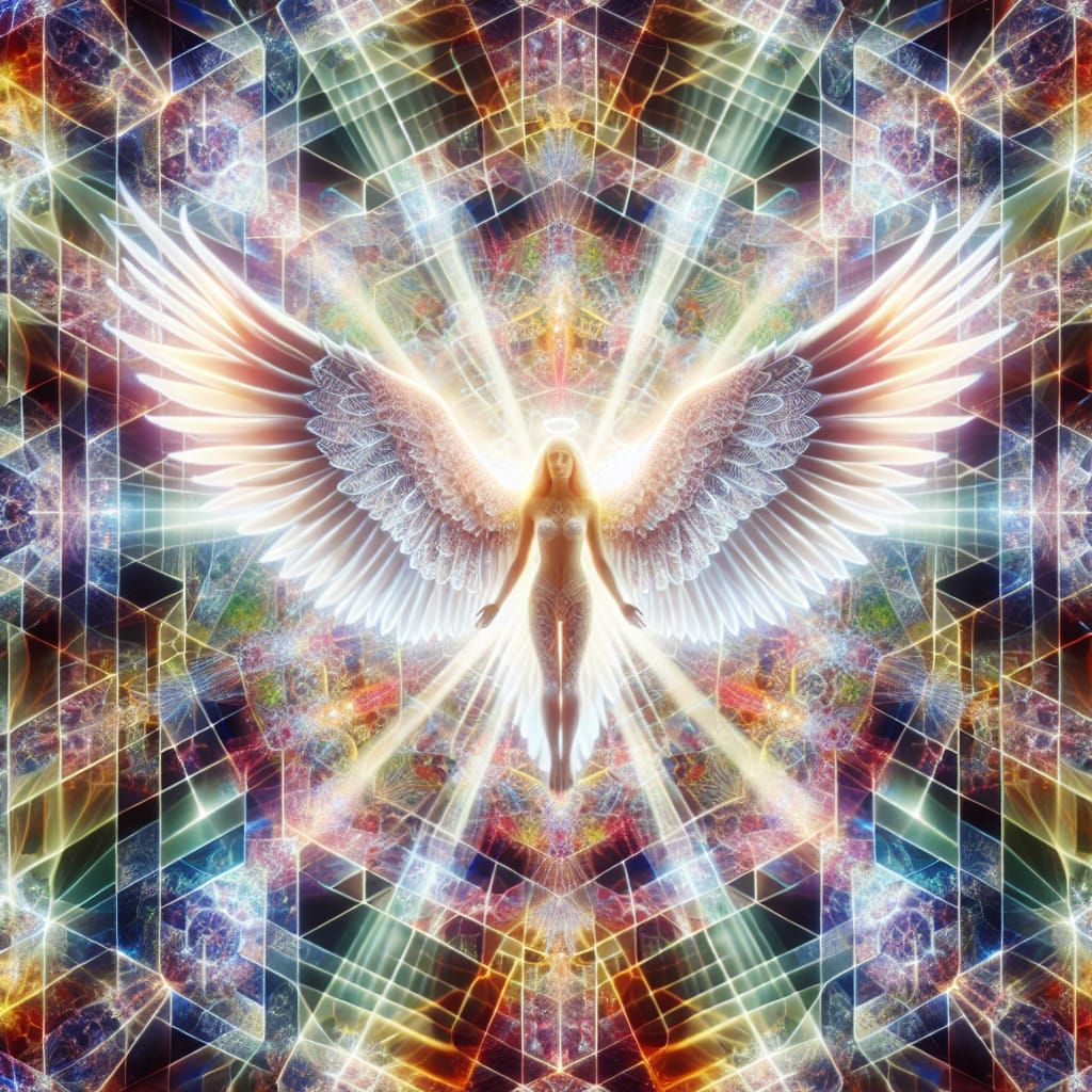 Kaleidoscopic Angel with Radiant Wings
