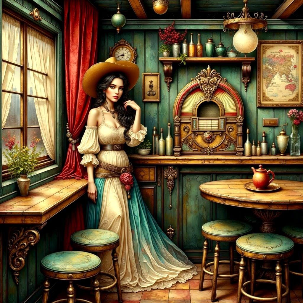 Starry Saloon Bar with Jukebox, Impasto Oil Painting