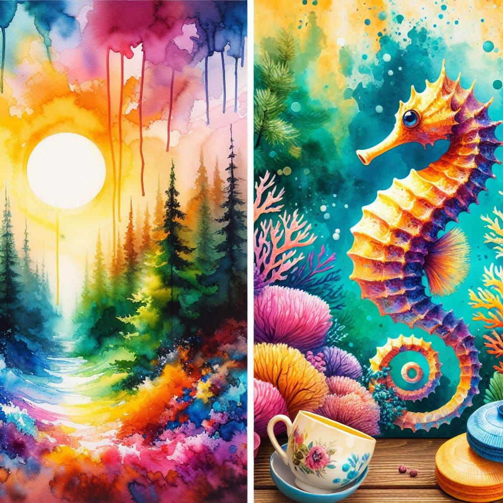 Watercolor Forest Meets Impasto Seahorse