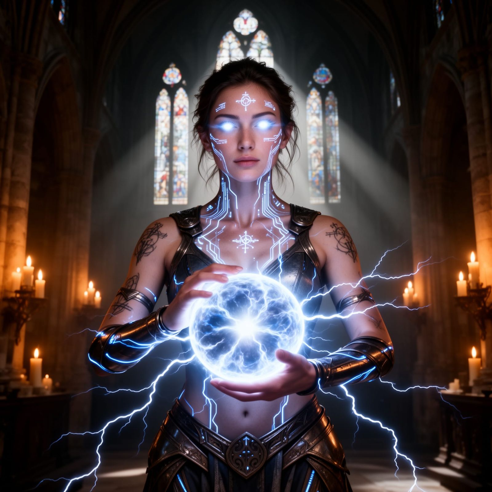 Ultra-realistic cinematic full-body portrait of a powerful arcane woman standing inside a dark gothic cathedral, tall st...