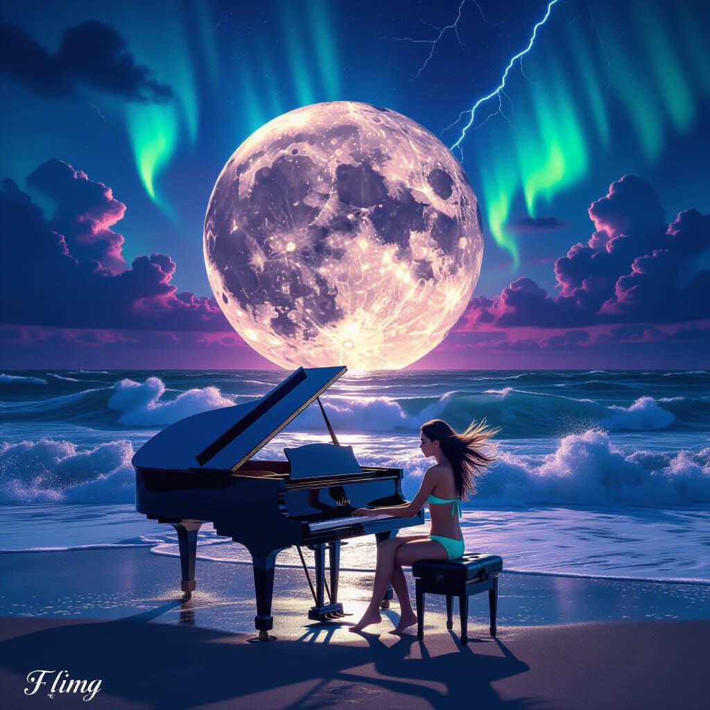 Surreal Moonrise Over Stormy Ocean with Piano Player
