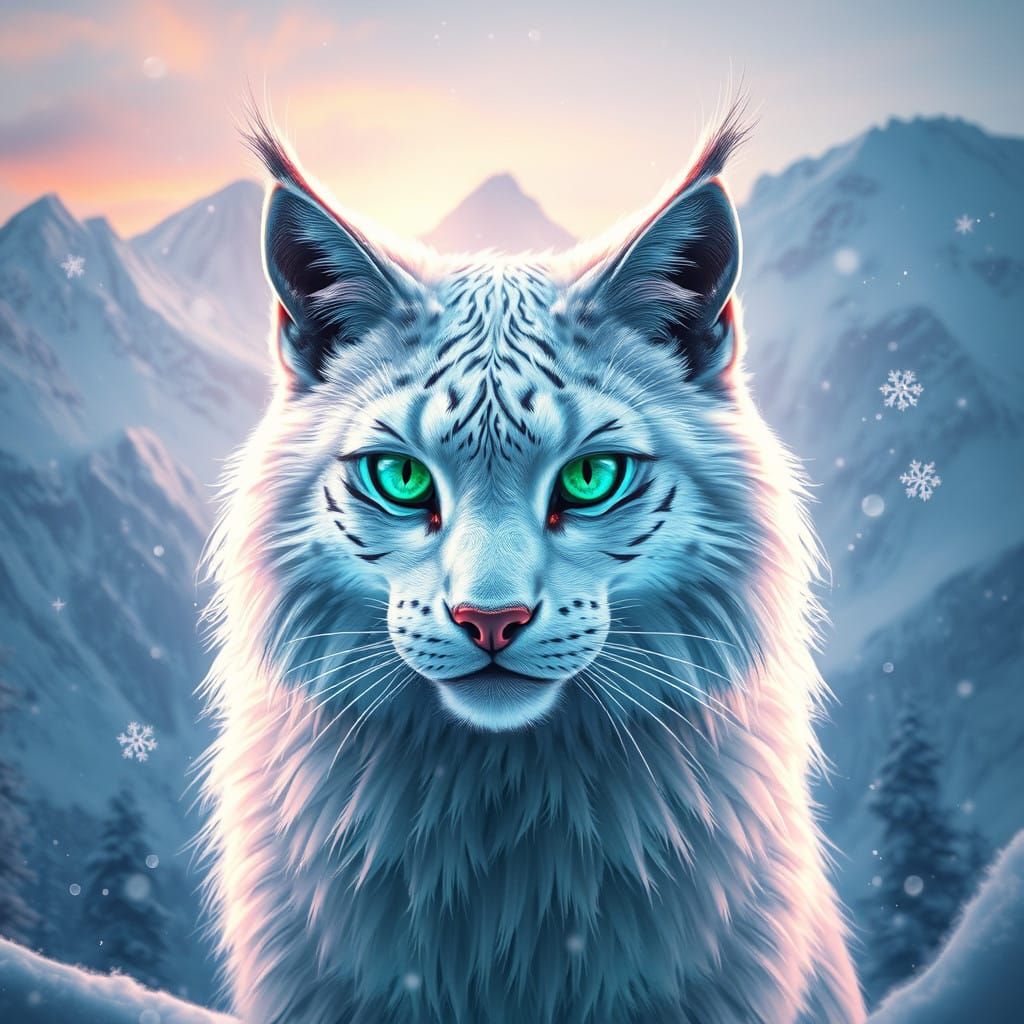 Ethereal Snow Cat in Winter Wonderland Scene