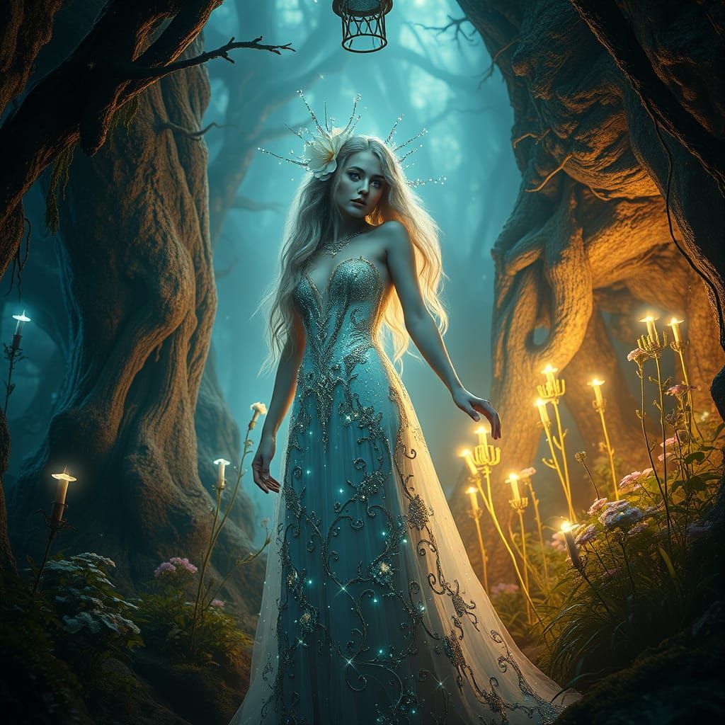 Ethereal Goddess with Starlight Hair, in Art Nouveau Style