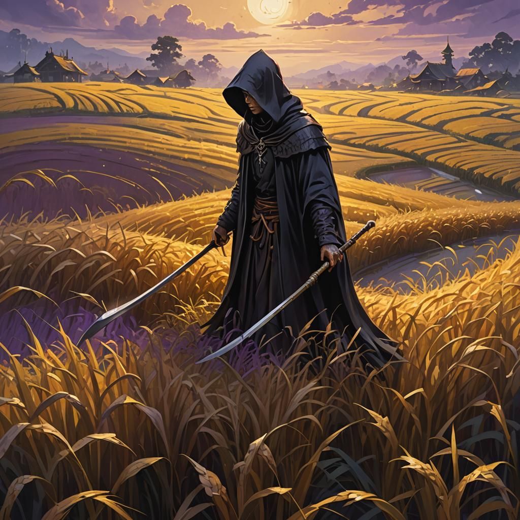 Dark Fantasy Reaper Harvesting Rice Field