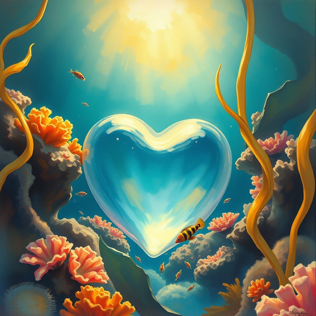 Heart-Shaped Glass on Ocean Floor in Vibrant Gouache Style