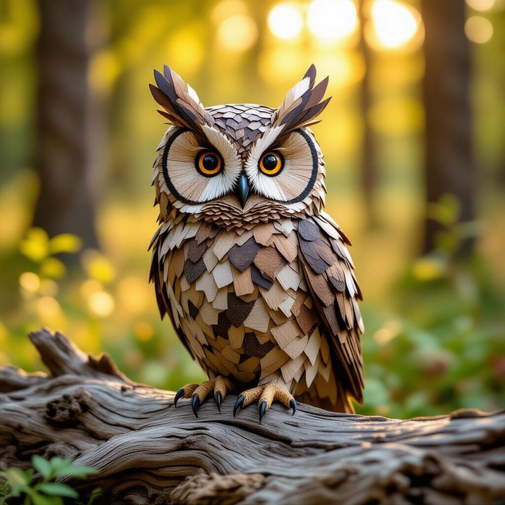 Detailed Driftwood Owl Sculpture in Forest Clearing