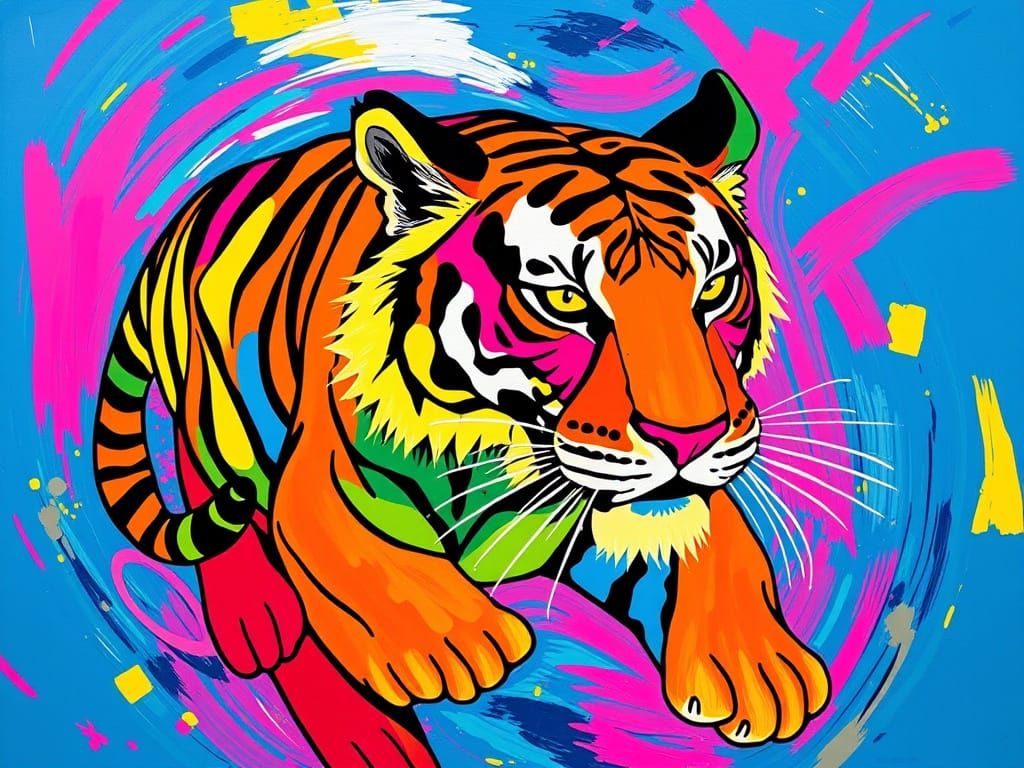 Neon Tiger Fragmented in Geometric Shapes
