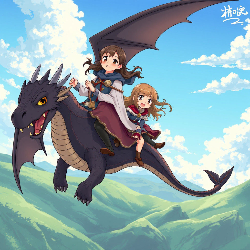 Arya and Shireen's Dragon Ride in Anime Style