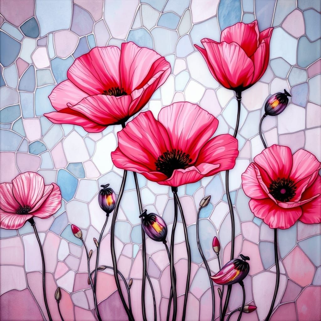 Ethereal Pink Bloom in Stained Glass Architecture