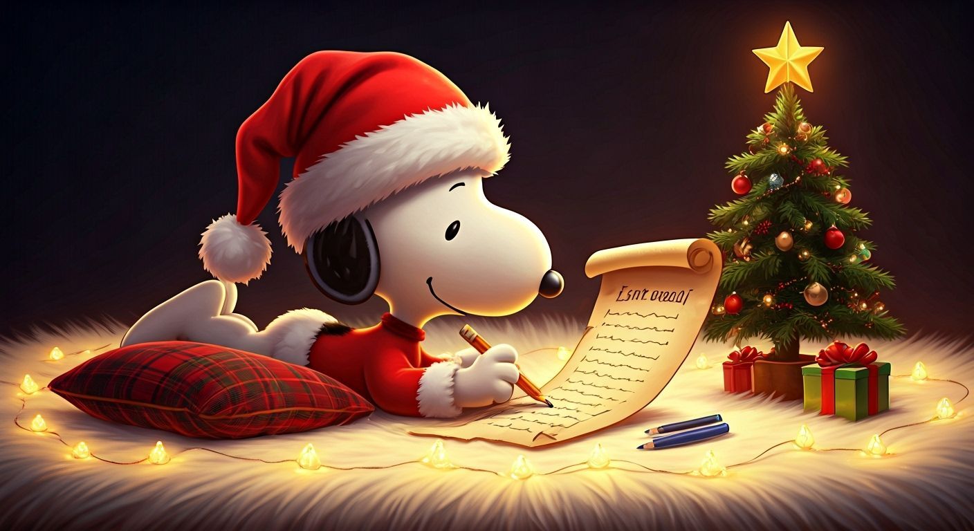 Snoopy Writes His Christmas Gift List on a Scroll