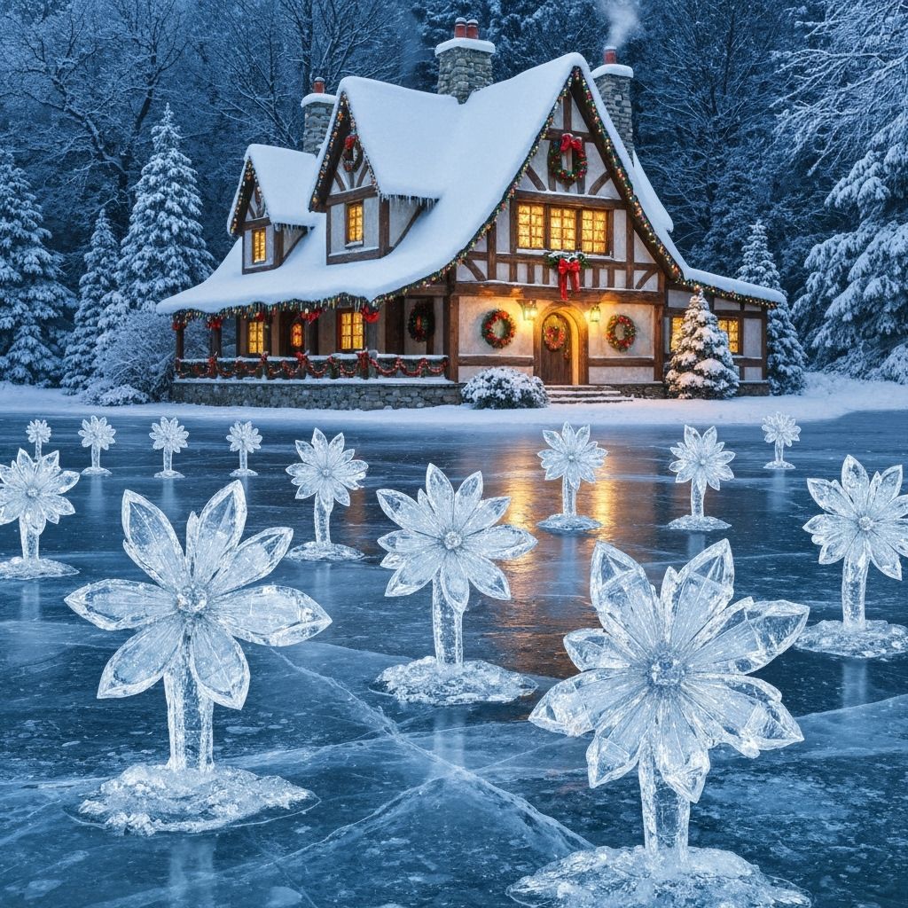 Crystal Frost Flowers Bloom on Frozen Lake Near Cottage