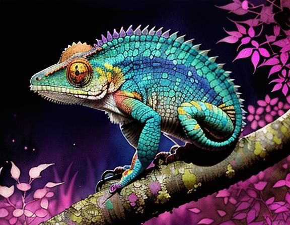 Psychedelic Chameleon in Digital Watercolor Fantasy