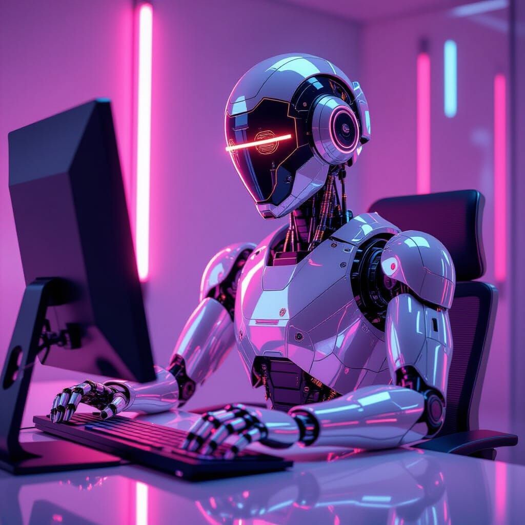 Glass Robot at Computer, Futuristic Photorealistic Rendering
