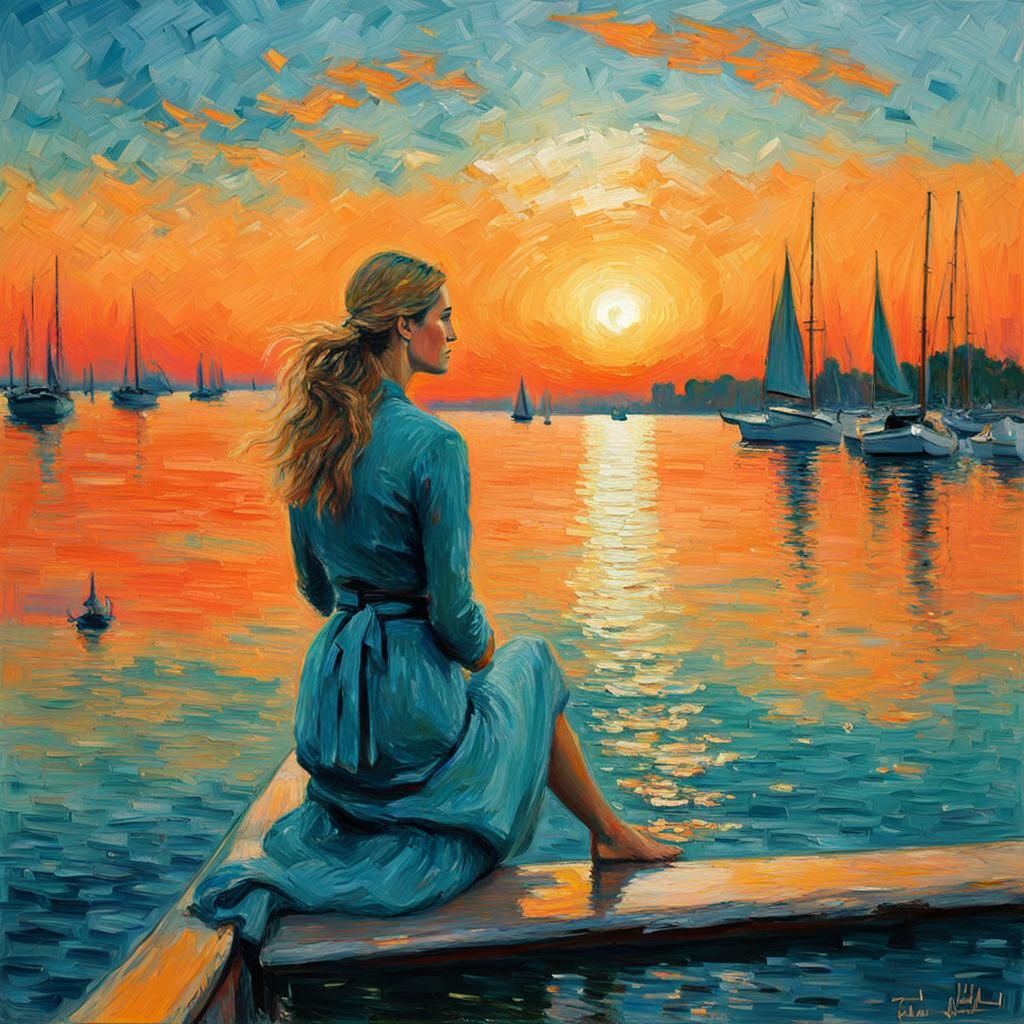 Bar Refaeli watching the sunset Claude Monet orange and teal impressionism