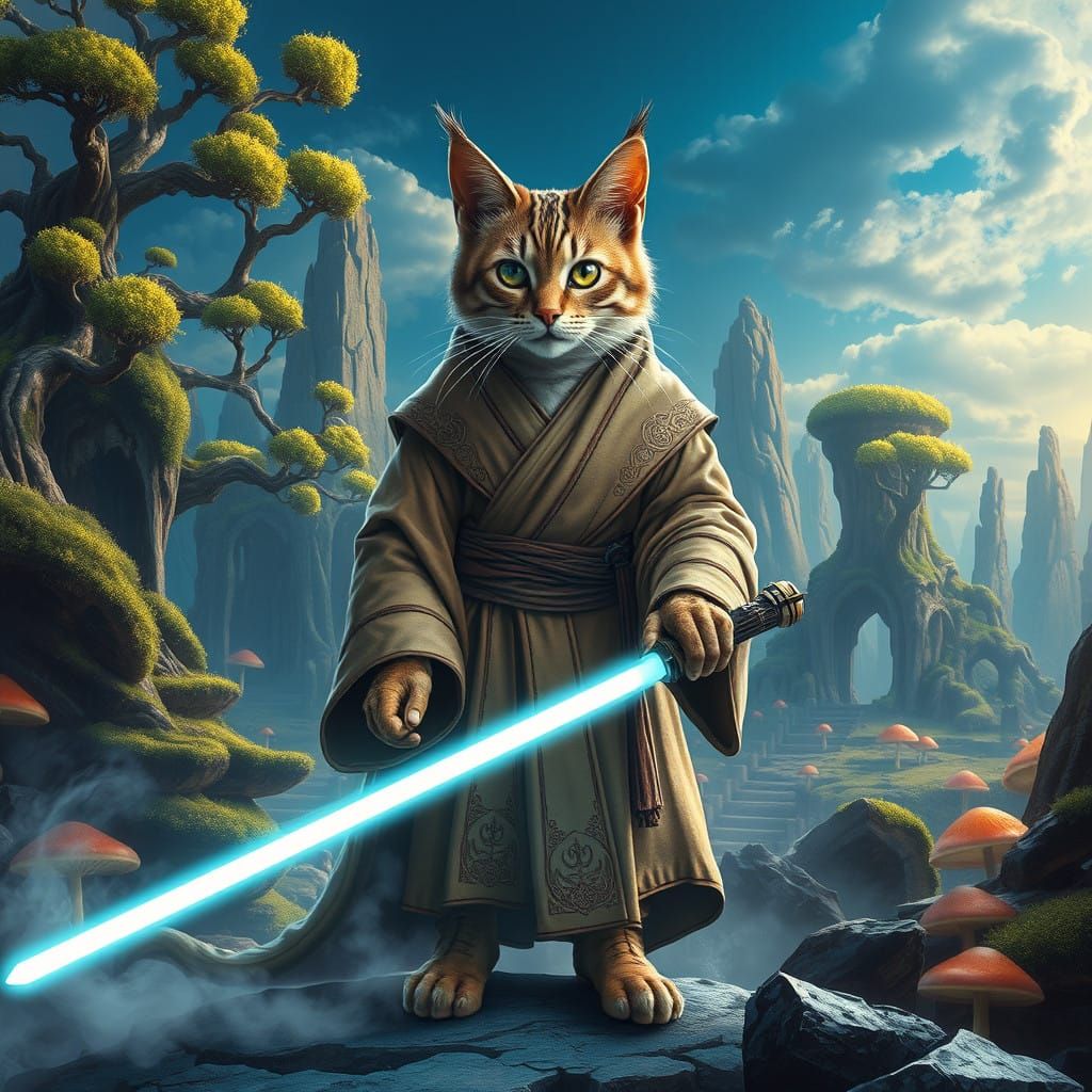 Regal Feline Jedi Stands Heroic Against Alien Ruins