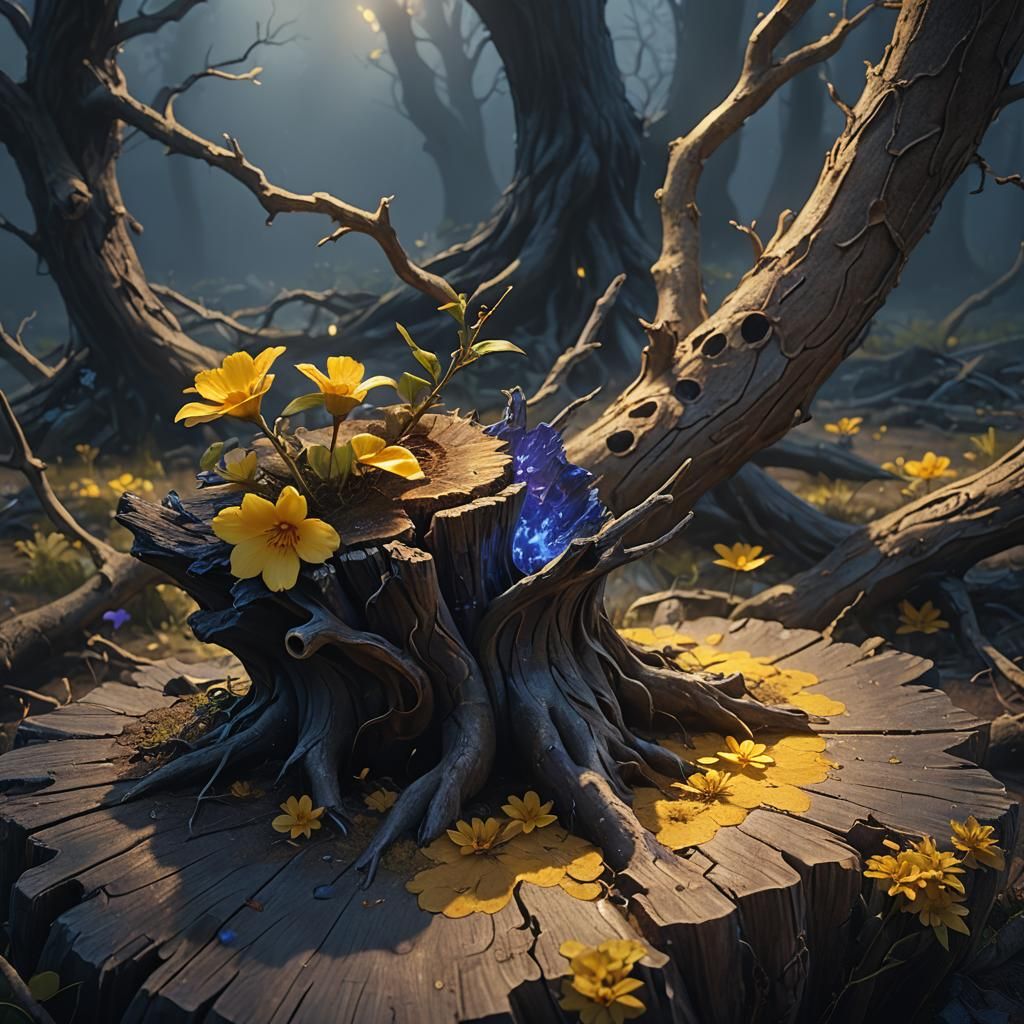 Glowing Flower on Tree Stump in Dark Fantasy Art
