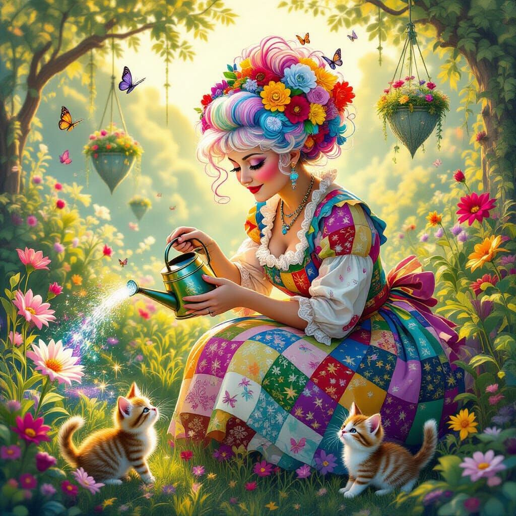 Whimsical Granny Tends Magical Garden with Rainbow Hair