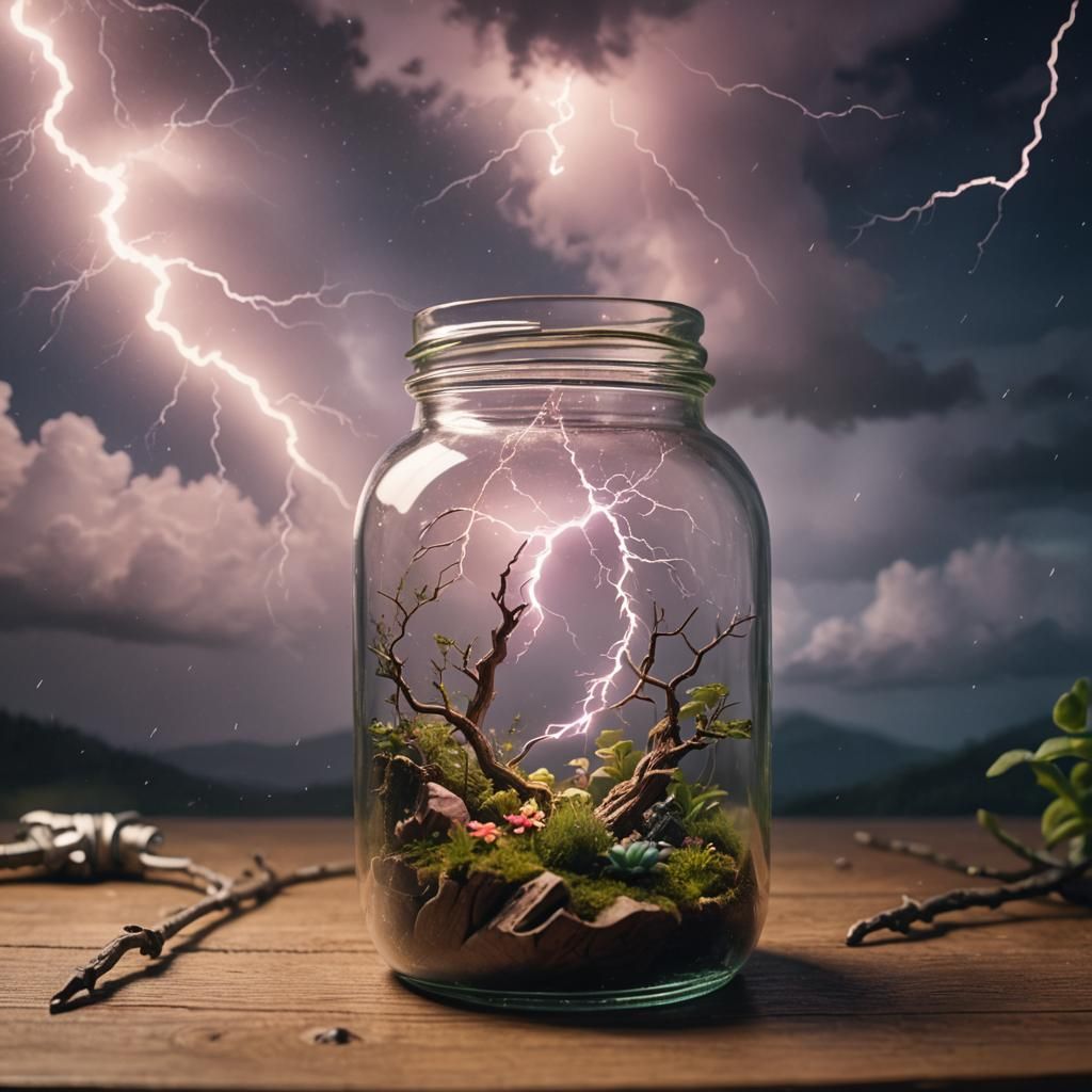 Magical Realism: Enchanted Terrarium with Lightning Storm