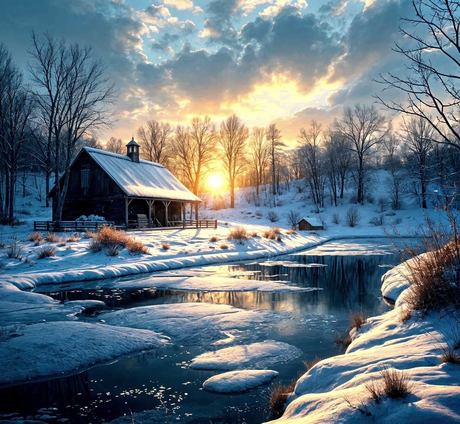Winter Barn and Pond at Night: Monsted-Style Landscape