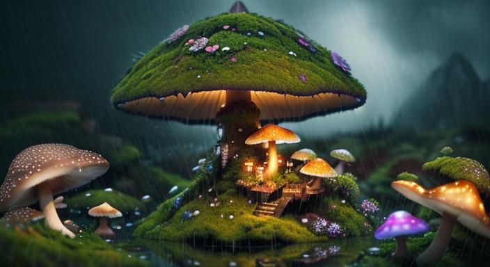 Whimsical Mushroom Village Aglow with Rain