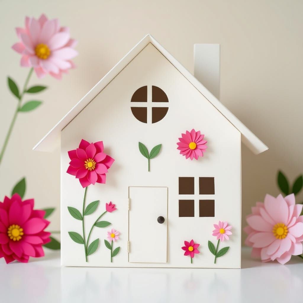 Delicate Paper House with Paper Flowers