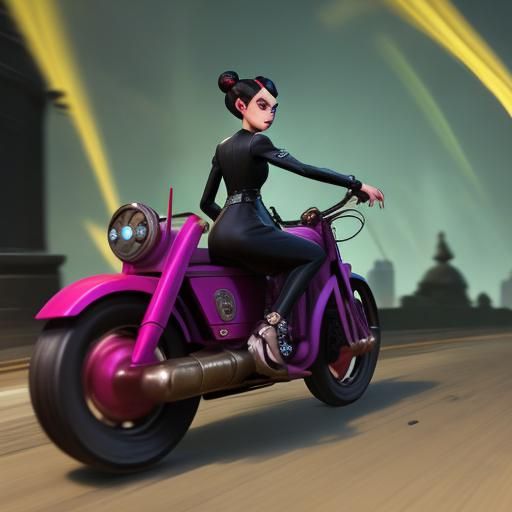 Glamorous Spy Rides Scarlet Motorcycle in Cambridge